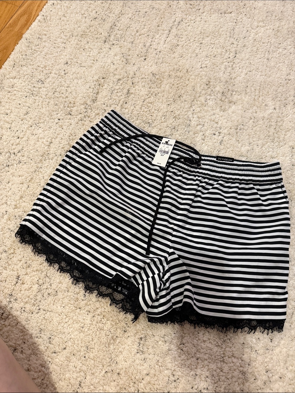 Express Black & White Striped Lace-Trim Shorts